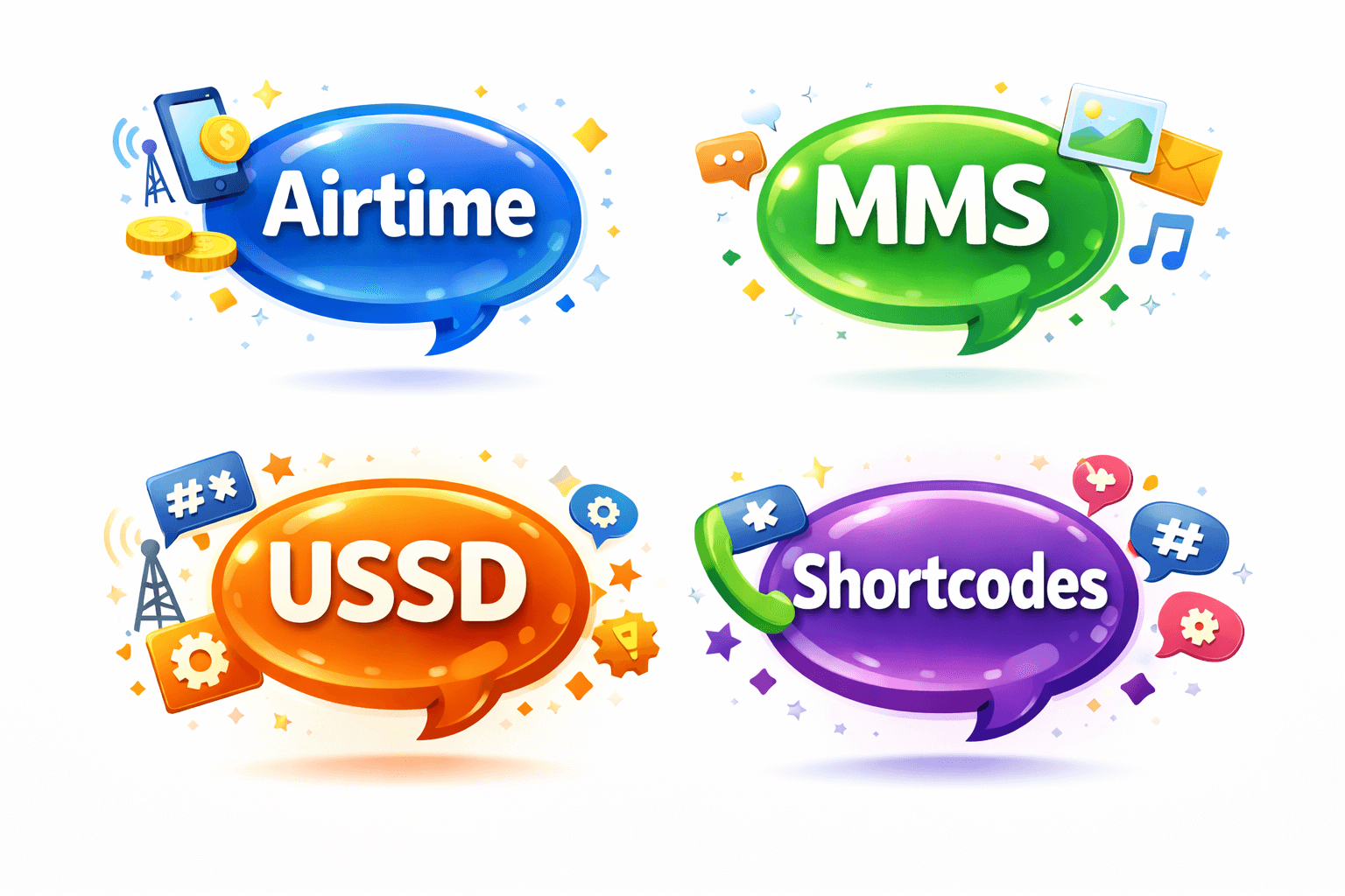 image of speach bubbles highlighting airtime, mms, shortcodes and ussd